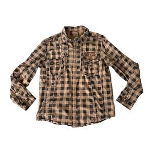 FUSAI Jeans Mens Brown Black Buffalo Plaid Button Down Utility Shirt L Gunge